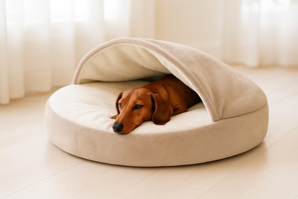Small Dachshund burrowed inside Furhaven Snuggery orthopedic bed with soft hooded top, cozy and relaxed.