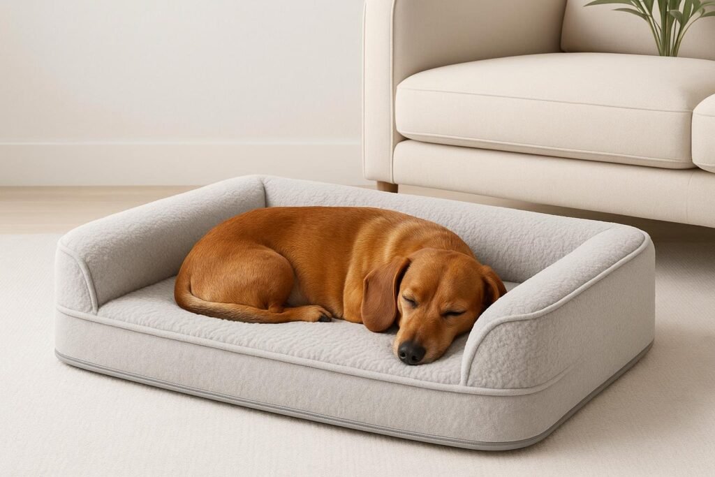 Dachshund curled up on OhGeni orthopedic dog couch with bolstered sides and egg-crate foam base.