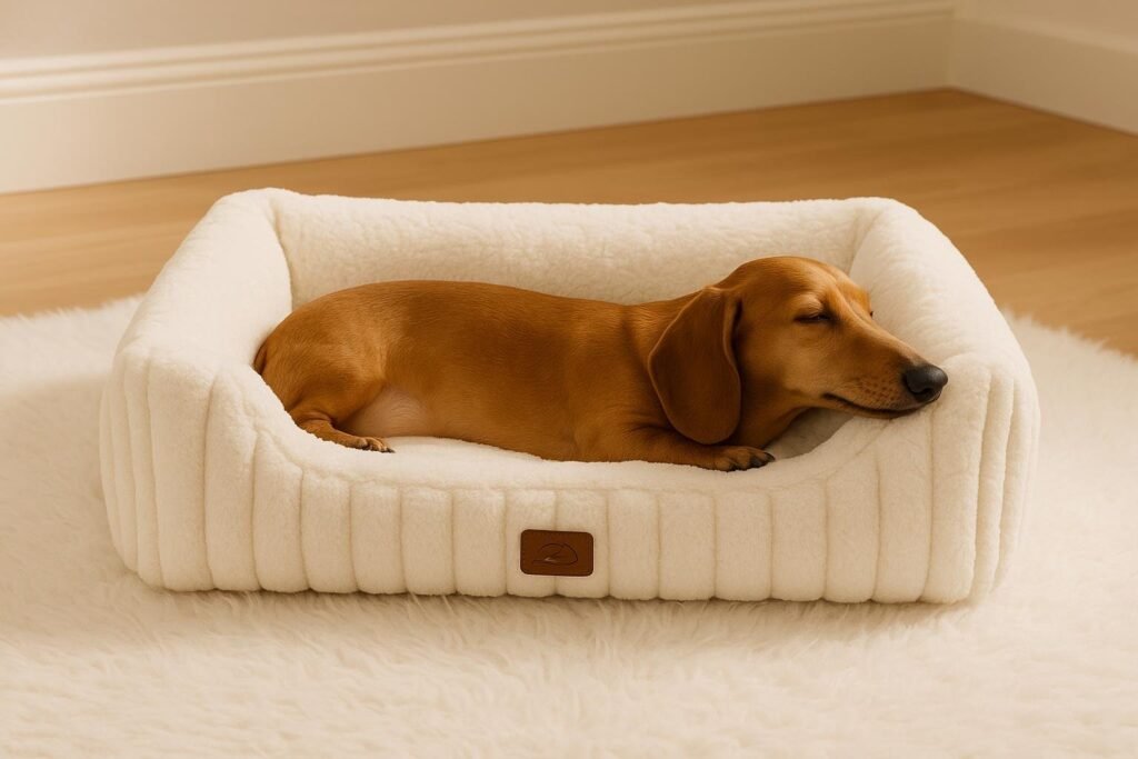 Dachshund resting inside Bedsure orthopedic plush bed with raised edges and soft faux fur cover.