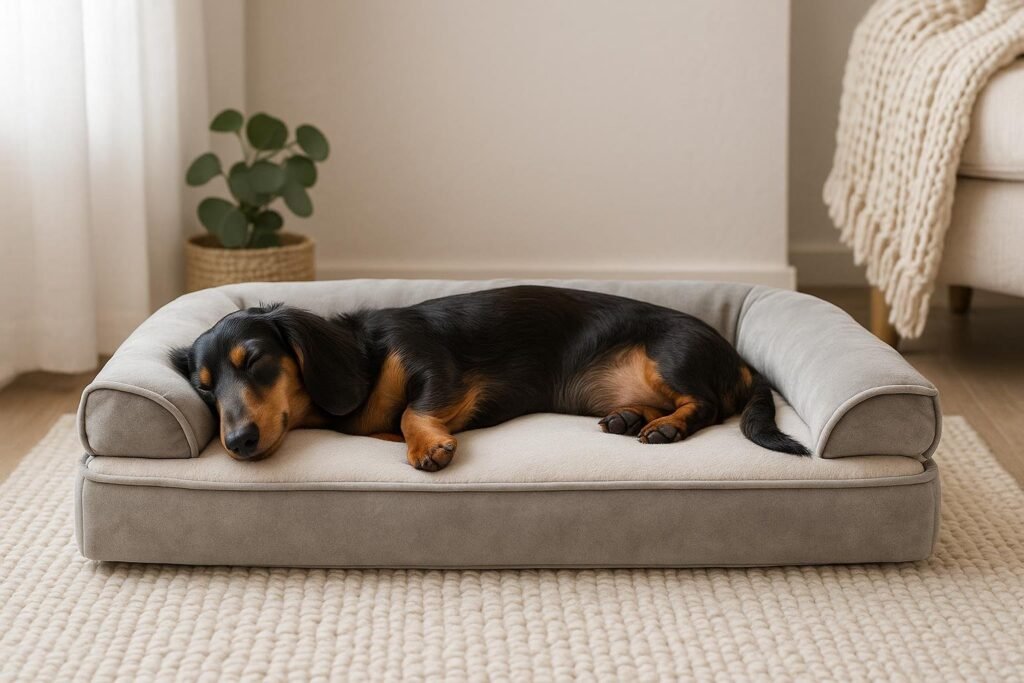 Dachshund lying comfortably on Pitpet orthopedic sofa-style dog bed with bolsters and velvet surface.