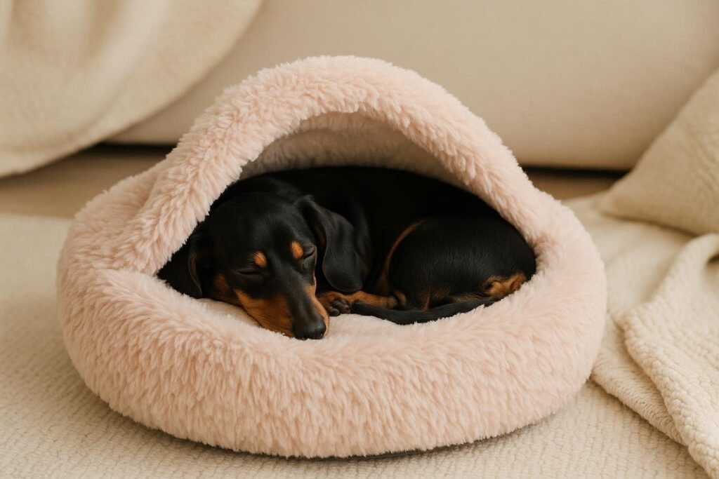Dachshund snuggled in SIWA MARY cozy donut cuddler bed with attached hooded blanket.