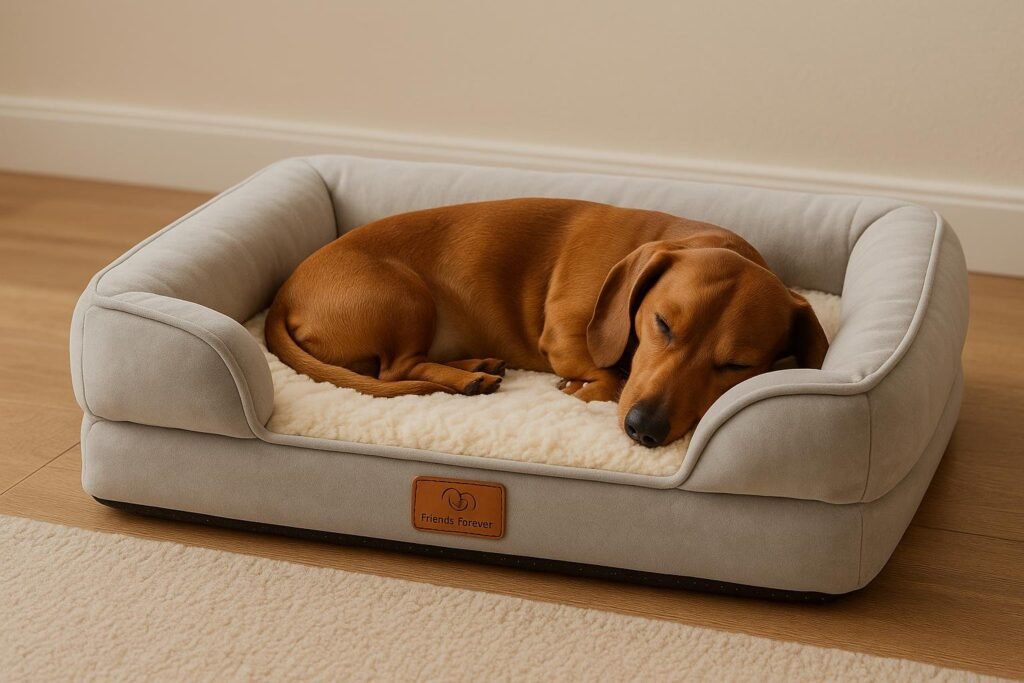 Dachshund stretched out on Bedsure orthopedic dog bed with egg-crate foam and soft cover.
