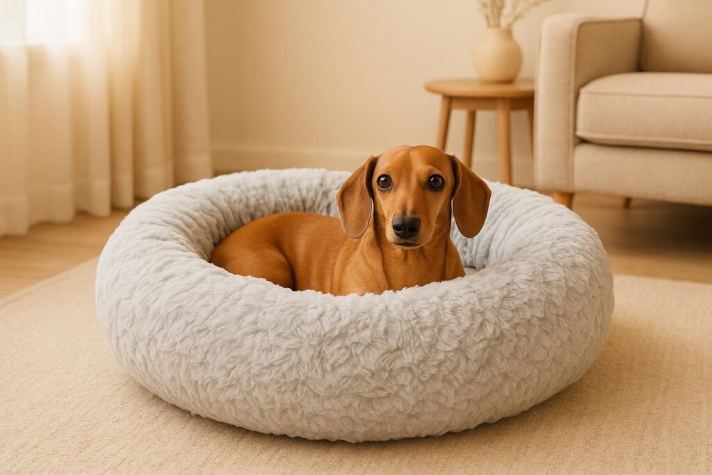 Dachshund curled inside Best Friends calming donut dog bed with plush faux fur and raised sides.