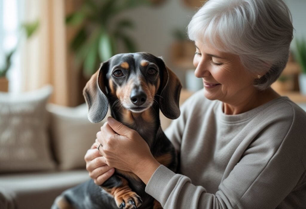 Senior Dachshund being petted lovingly by owner indoors, showing care and connection.