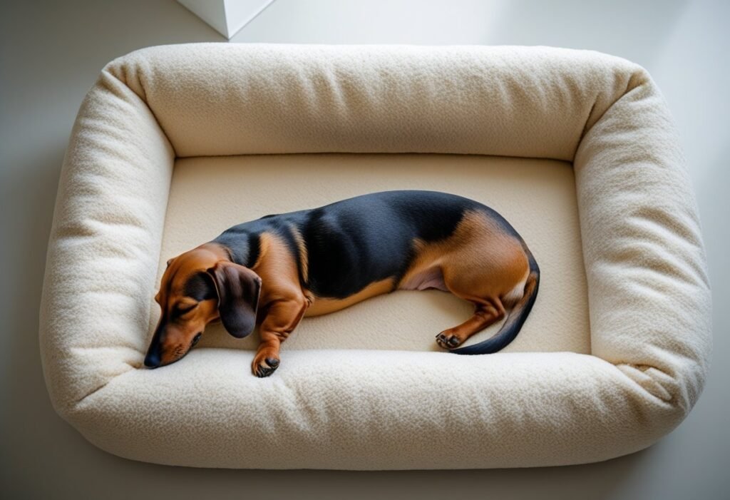best dog bed for Dachshunds with back problems - Top view of Dachshund sleeping stretched out on orthopedic dog bed, back straight.