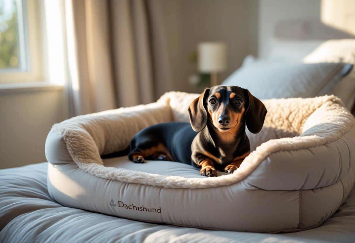 Small Dachshund resting peacefully on a cozy orthopedic dog bed with bolstered sides, in a softly lit home setting, showing comfort and relaxation.