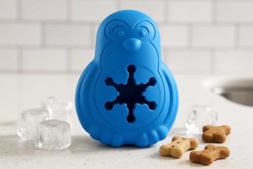 PetSafe Chilly Penguin Freezable Dog Toy, orange round treat dispenser with flat base, made for gentle licking play, IVDD-friendly design
