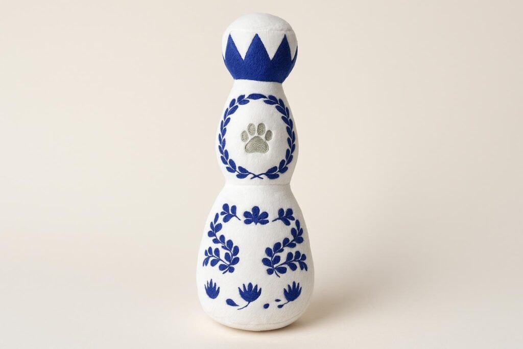 Tequila Bottle Plush Dog Toy, soft plush toy shaped like a tequila bottle with squeaker inside, designed for light play and snuggling