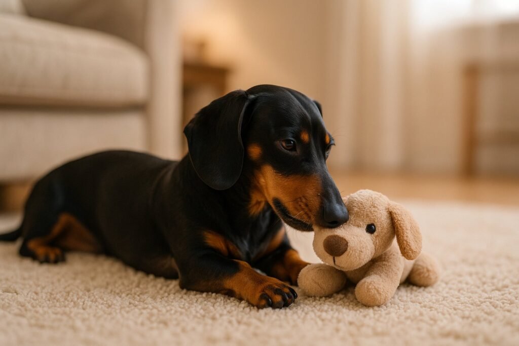 Dachshund gently playing on carpet with soft plush toy, safe for IVDD, showing relaxed and happy body posture