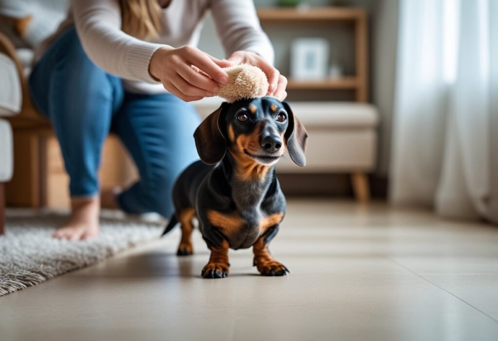 Dachshund and owner playing calmly indoors with plush and rubber toys, showing safe, IVDD-conscious interaction and bonding