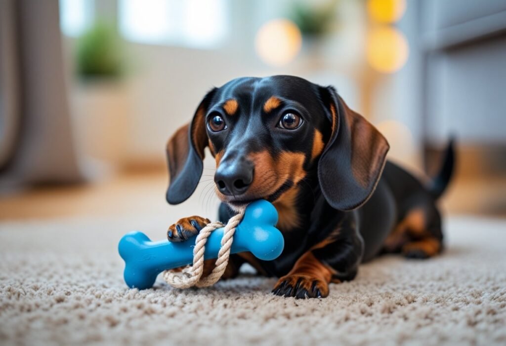 Happy dachshund lying on bed surrounded by soft plushies and chew toys, designed for back support and gentle play