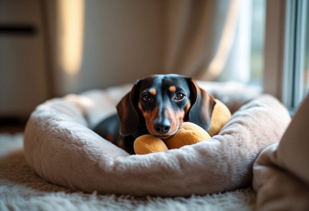 Cozy Dachshund curled up on a soft bed, cuddling a plush toy for comfort.