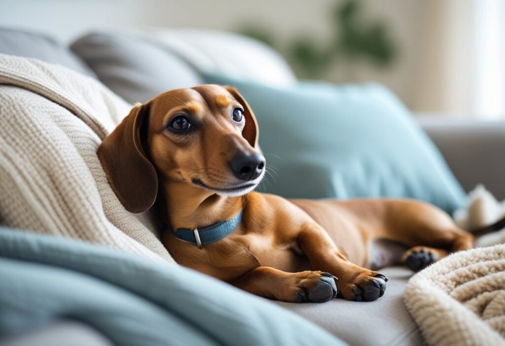 Relaxed Dachshund lying on a couch surrounded by blankets in a calming home environment.

