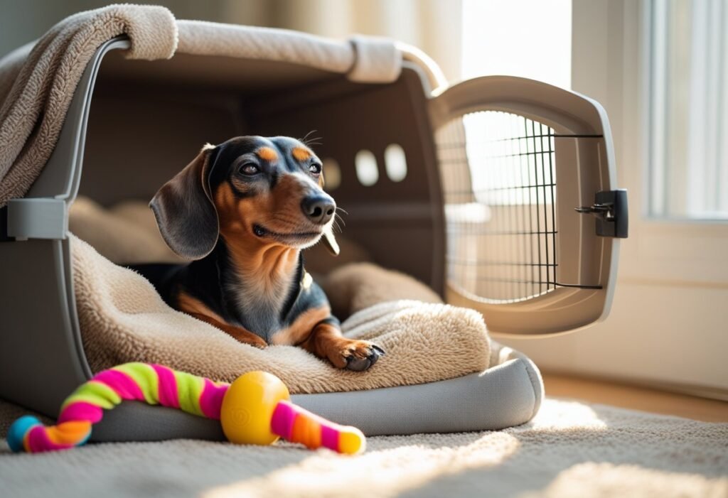 Crate training your Dachshund with a cozy indoor crate setup and soft blankets for comfort and security.

