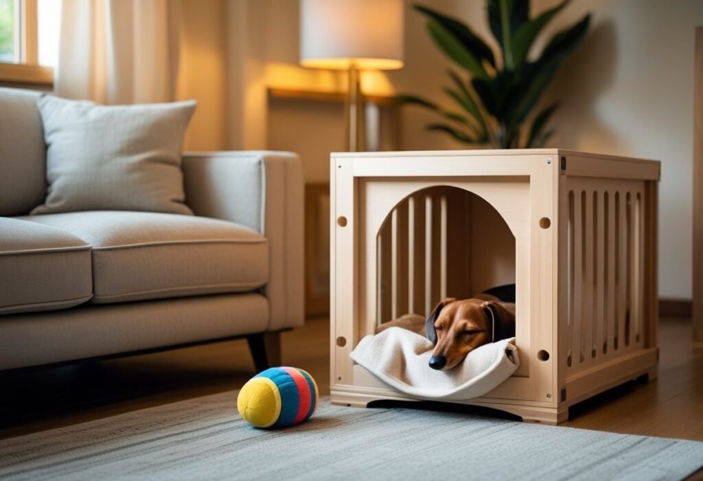 Crate training your Dachshund puppy using positive reinforcement and treats in a clean, calm home setting
