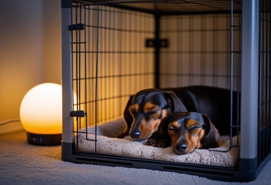 Crate training your Dachshund with a safe nighttime routine and cozy crate near a soft night light.
