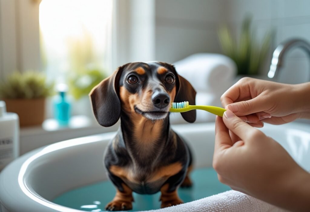 Dachshund getting teeth brushed at home using dog toothbrush for plaque and tartar removal