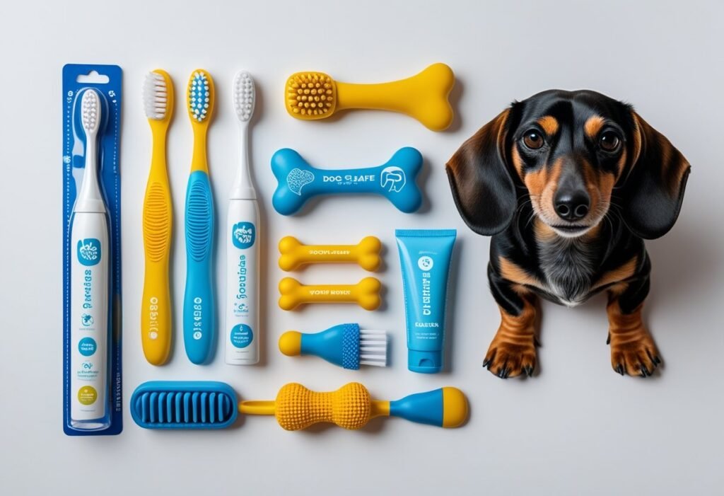 Dachshund dental care kit with toothbrush, toothpaste, and dental toys flat lay