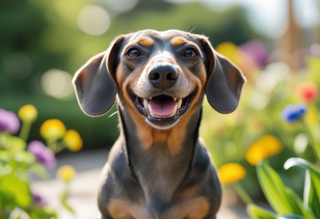 Senior Dachshund showing bright teeth after effective plaque and tartar removal at home