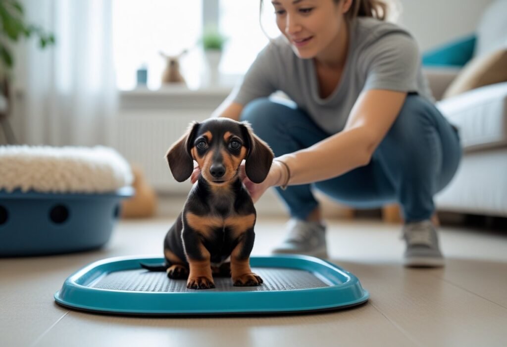 A young adult gently guiding a dachshund puppy near a puppy training pad inside a bright living room.