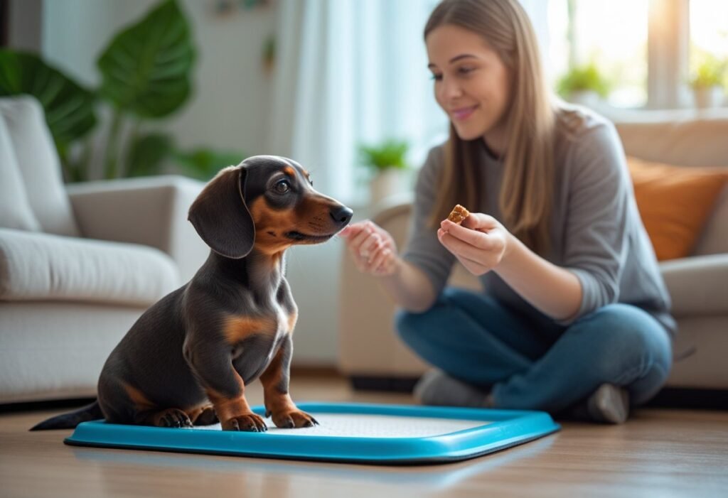 A young dachshund puppy sitting next to a puppy potty training pad with a person gently encouraging it in a bright living room.
