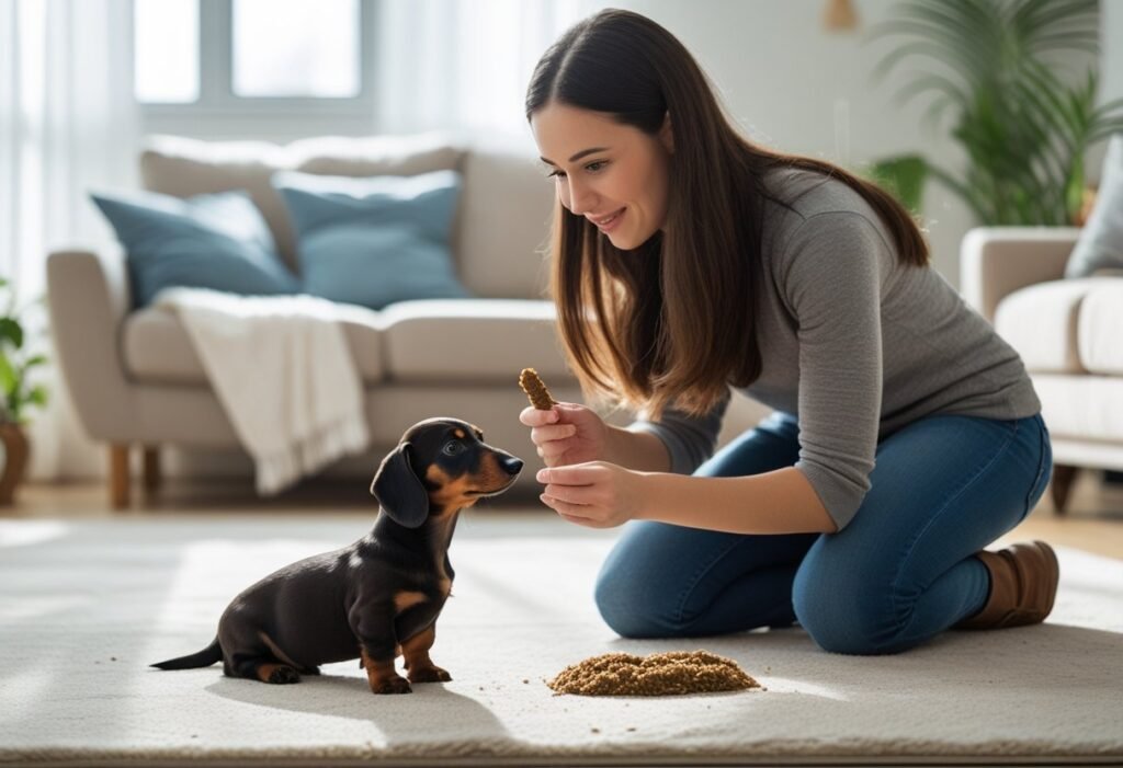 A woman kneeling indoors training a small dachshund puppy to use a designated potty area.