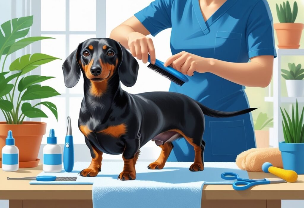A short-haired Dachshund being gently groomed on a table by a person with grooming tools nearby in a bright, cozy room.