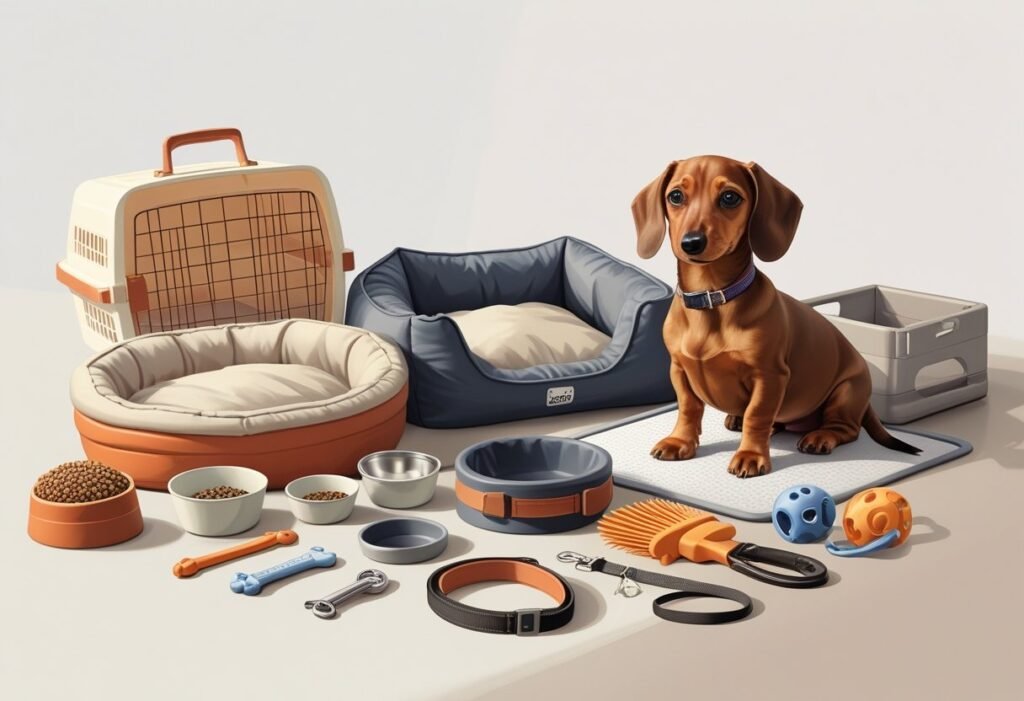 A dachshund puppy next to an organized set of essential supplies including a bed, food bowls, leash, toys, grooming tools, training pads, and a crate.