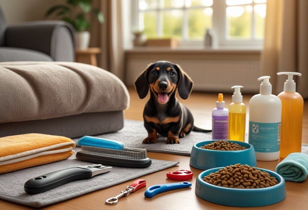 A Dachshund puppy sitting happily indoors surrounded by grooming tools, a dog bed, food bowl, leash, and first aid items in a cozy living room.