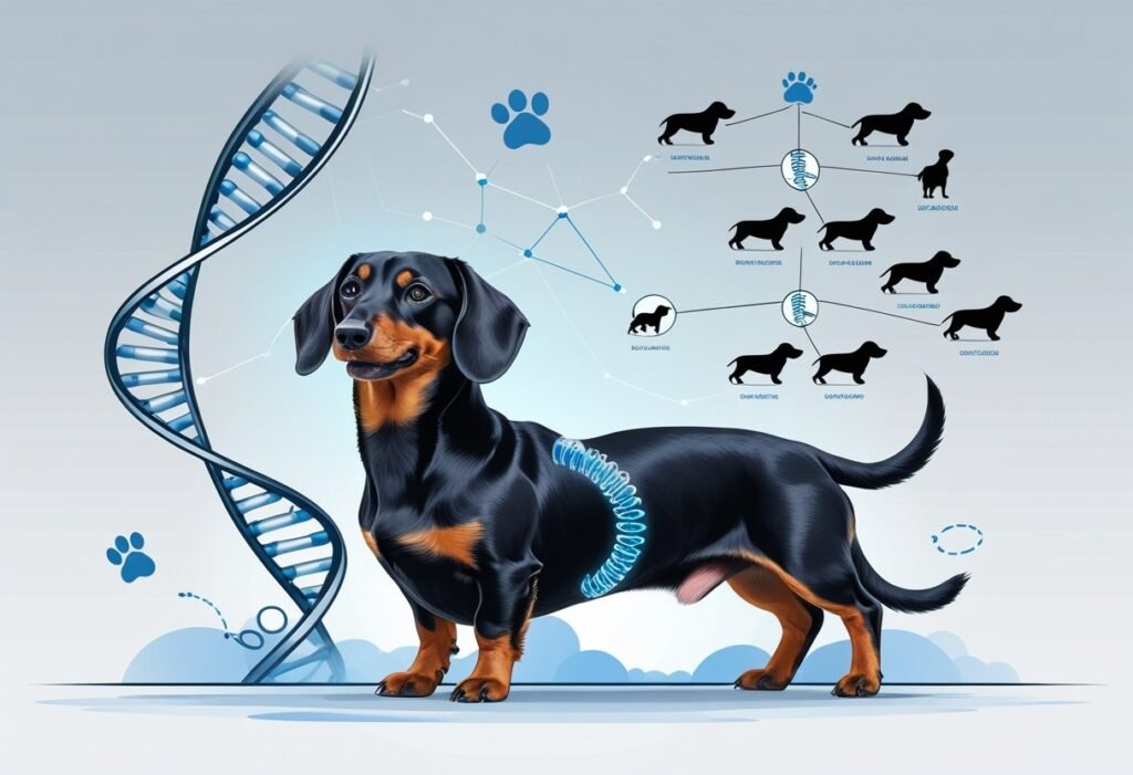 A healthy Dachshund with a highlighted spine, surrounded by DNA strands and a family tree showing Dachshund lineage, symbolizing genetic breeding to prevent spinal disease.