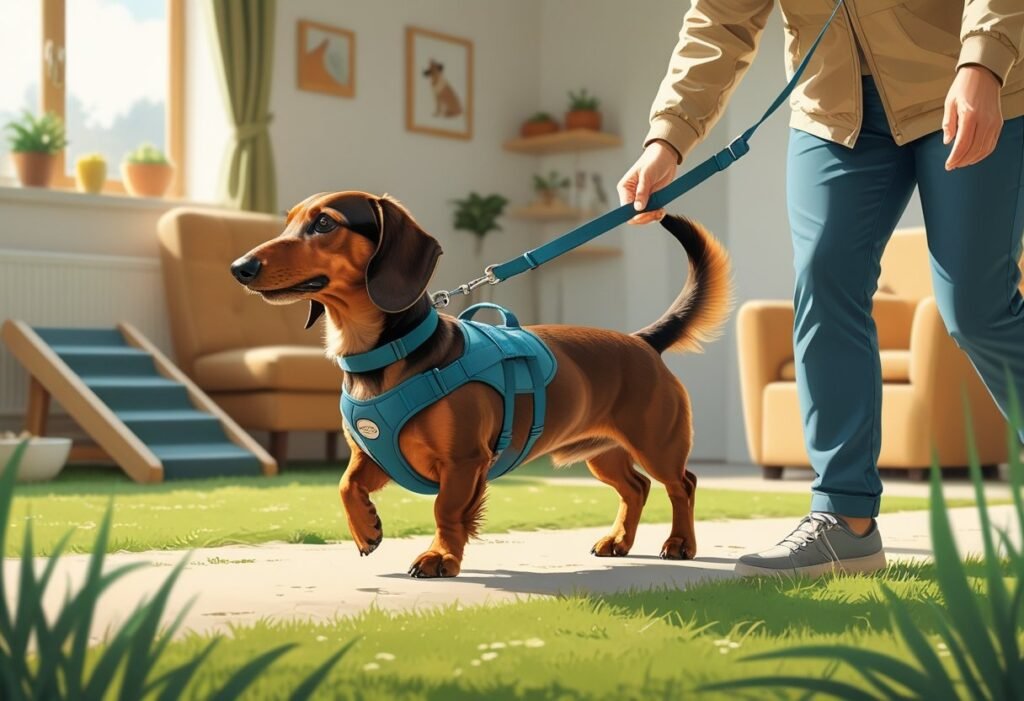 A dachshund walking on grass with a supportive harness guided by its owner near a home with dog ramps and stairs, showing attentive care.