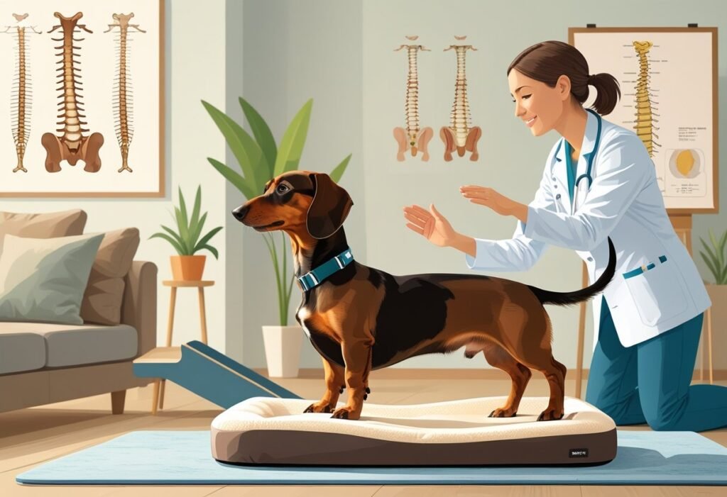 A dachshund in a home setting with supportive devices like an orthopedic bed, harness, and ramp, while an owner demonstrates back stretching exercises.
