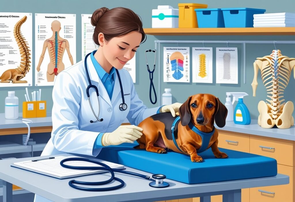 A veterinarian gently examining a calm Dachshund on an exam table in a veterinary clinic, surrounded by medical equipment and anatomical models highlighting dog spine health.