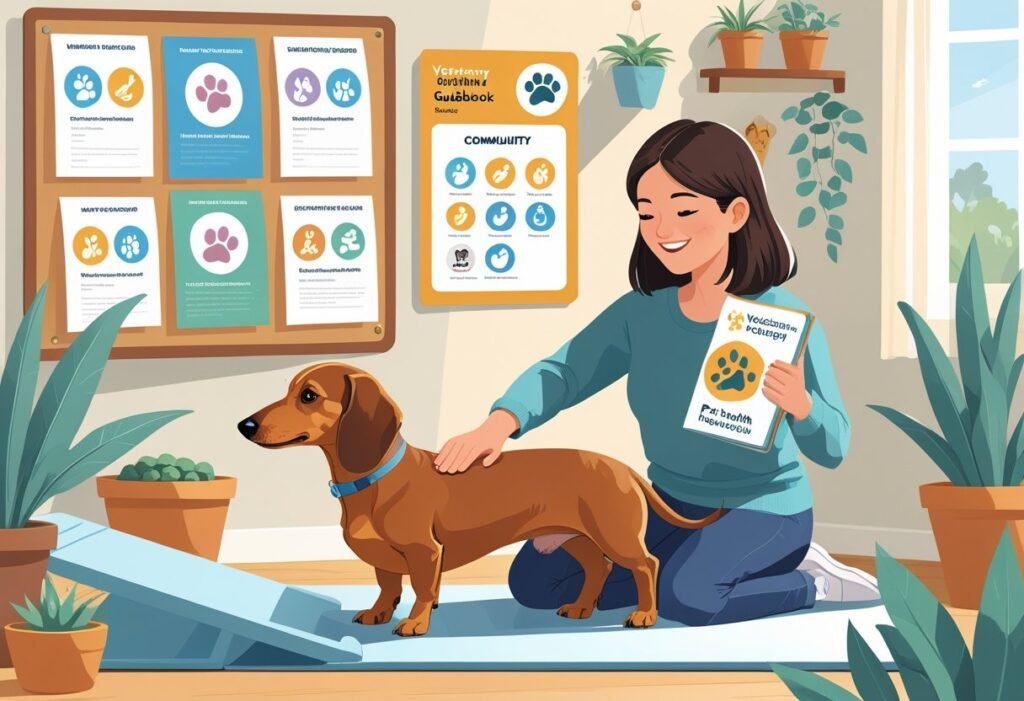 A dachshund owner gently caring for their dog on a supportive bed with a ramp nearby, surrounded by symbols of community resources and pet health in a cozy home setting.