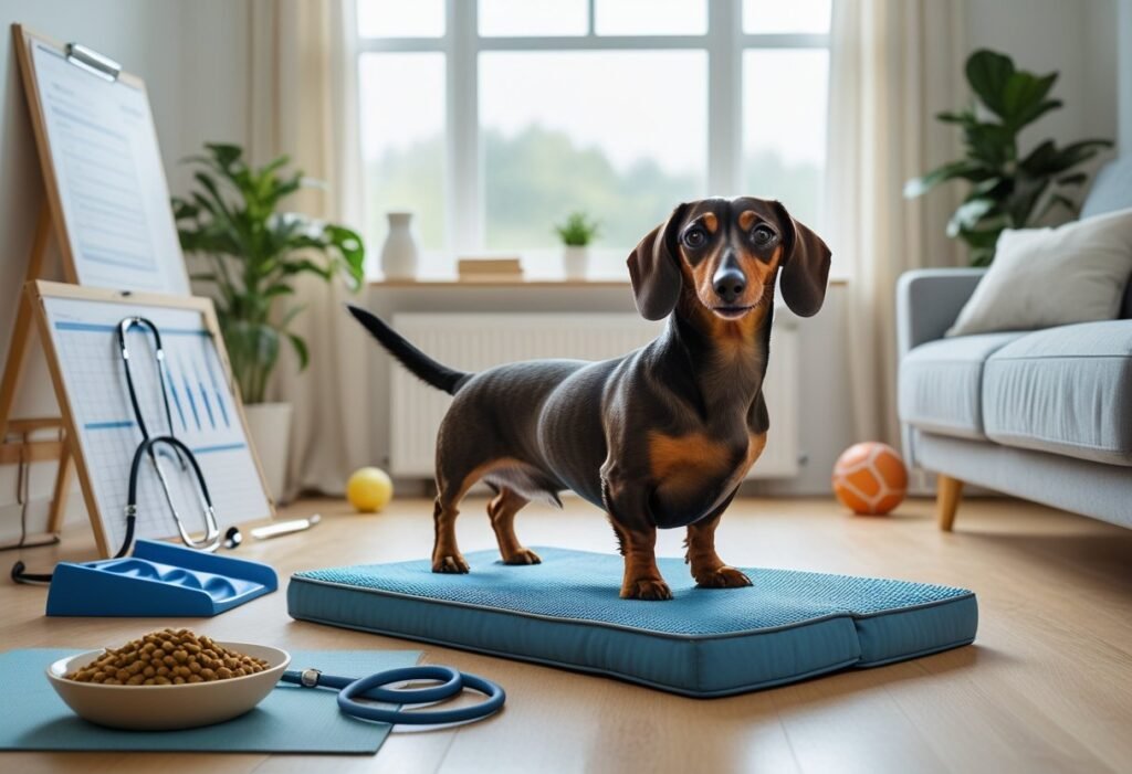 A dachshund standing on a supportive dog bed in a cozy living room with dog stairs, a bowl of food, and a vet's stethoscope nearby.