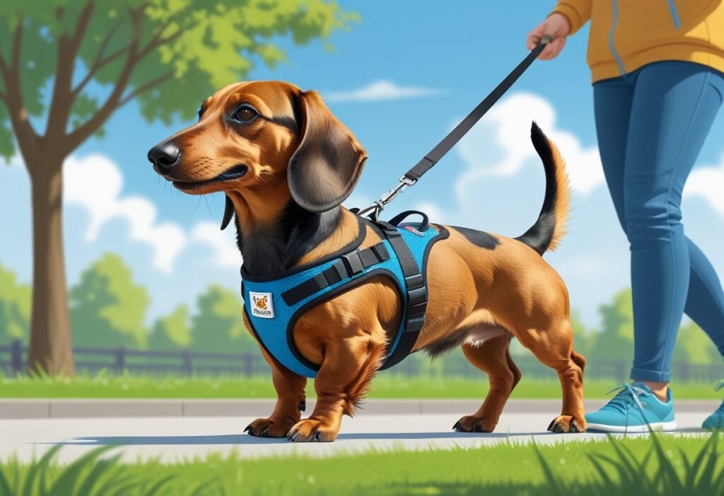 A Dachshund wearing a supportive harness walking on a leash in a park, showing safe and comfortable posture.
