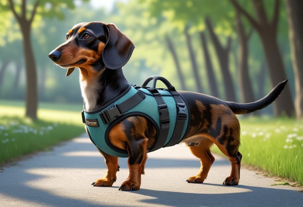 A dachshund standing on a walking path wearing a supportive back harness designed to protect its spine.
