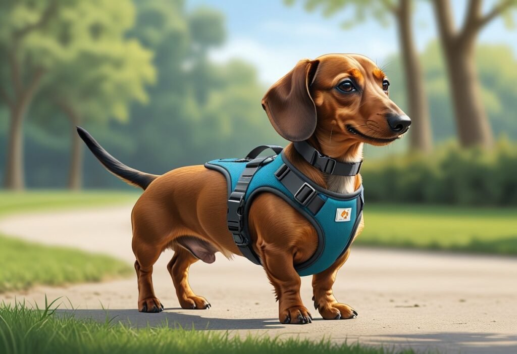 A Dachshund wearing a supportive harness standing on a grassy path outdoors.
