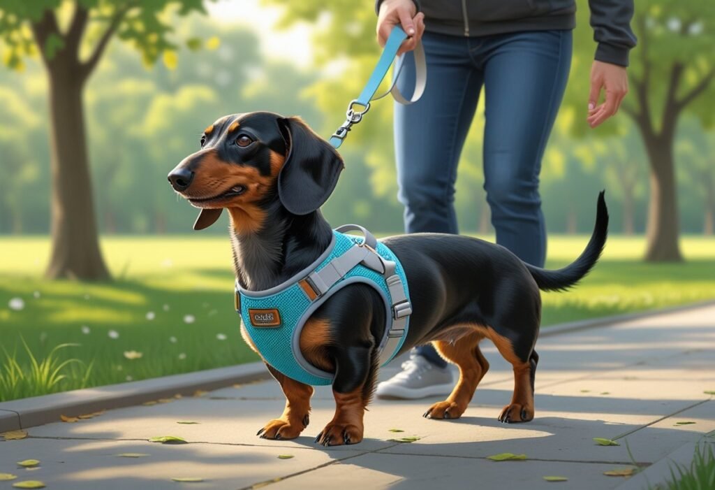 A dachshund wearing a supportive harness is being walked on a leash in a green park.