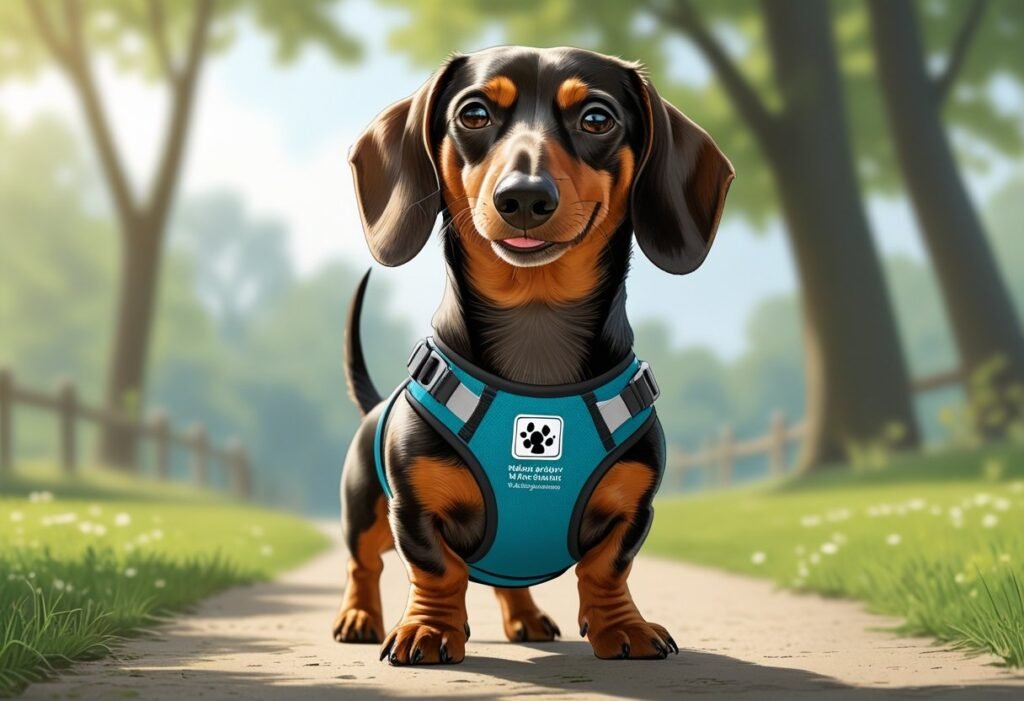 A Dachshund wearing a supportive harness stands on a grassy path in a park with trees and sunlight.