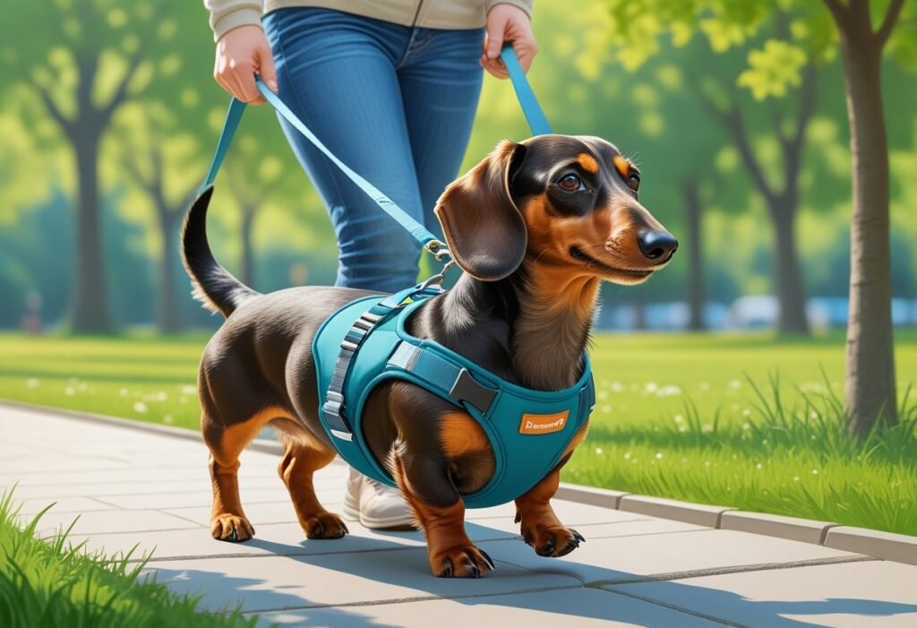 A Dachshund wearing a supportive harness being walked by a person in a park.