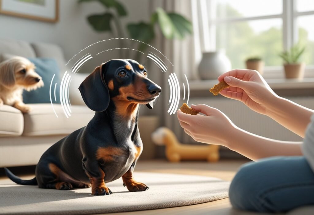 A dachshund sitting calmly in a living room while a person gently interacts with it, showing a peaceful training moment.