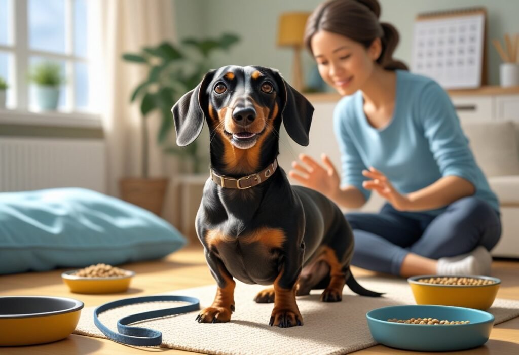 A dachshund barking inside a cozy home with a person gently interacting nearby, surrounded by items like a dog bed, food bowl, leash, and a clock.