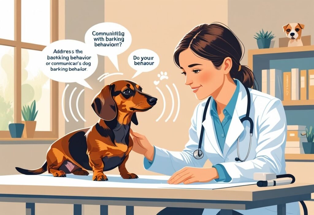 A veterinarian calmly examining a dachshund in a consultation room with books and dog care items around.