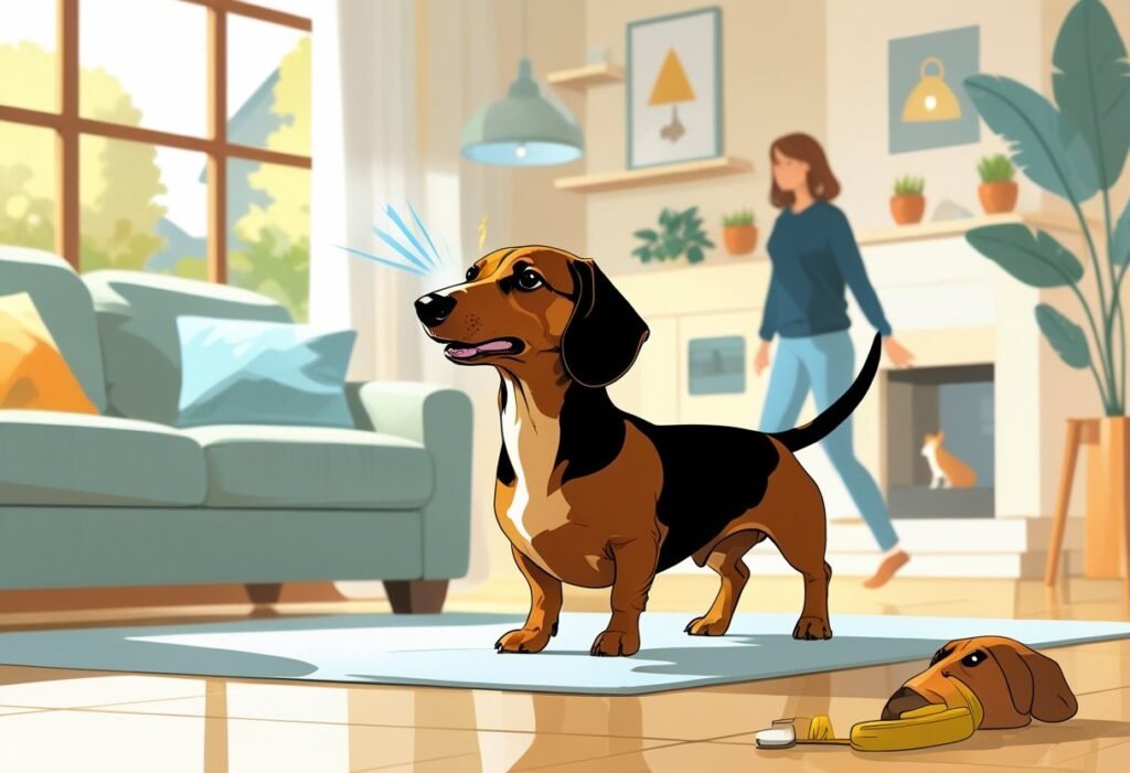 A dachshund dog in a living room looking alert, with a doorbell ringing, a squirrel outside the window, and a person approaching the house.