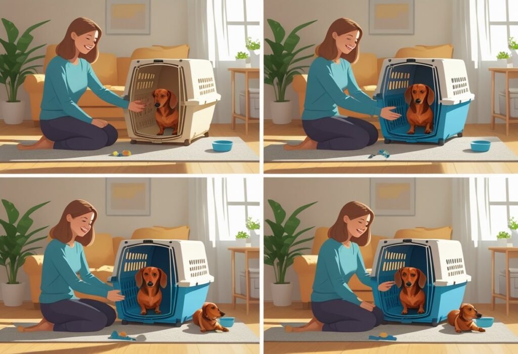 A series of scenes showing a person gently crate training a dachshund dog step-by-step in a warm, home environment.