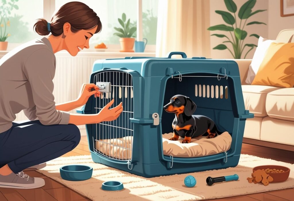 A person gently interacting with a Dachshund puppy inside a cozy crate in a bright living room.