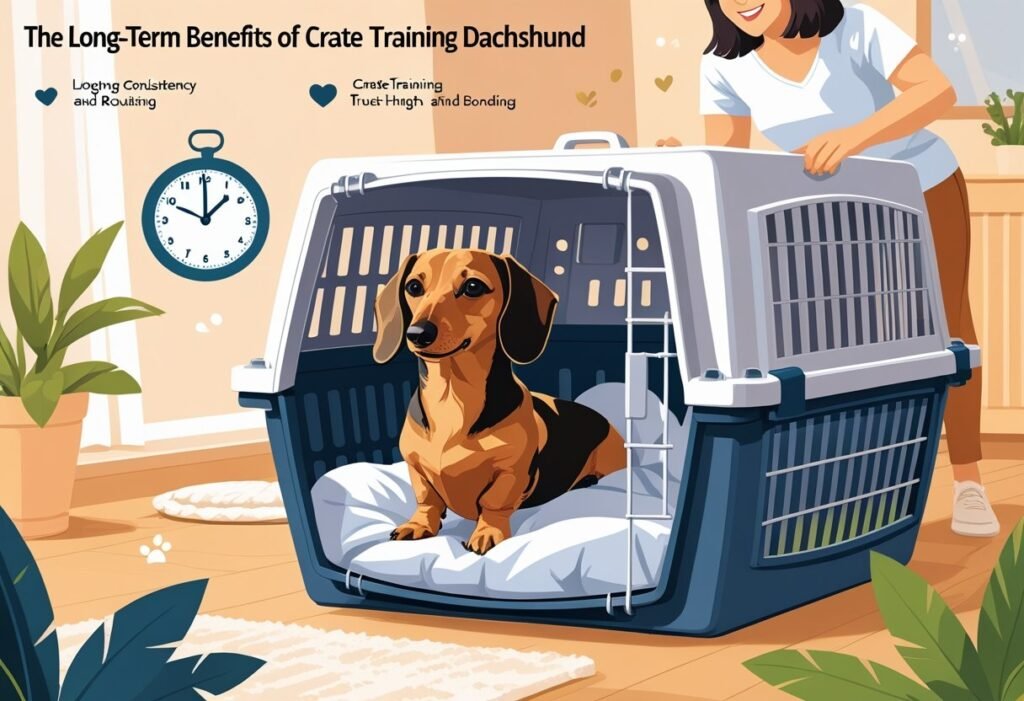 A calm Dachshund resting comfortably inside a cozy crate with a person gently interacting nearby in a warm home setting.