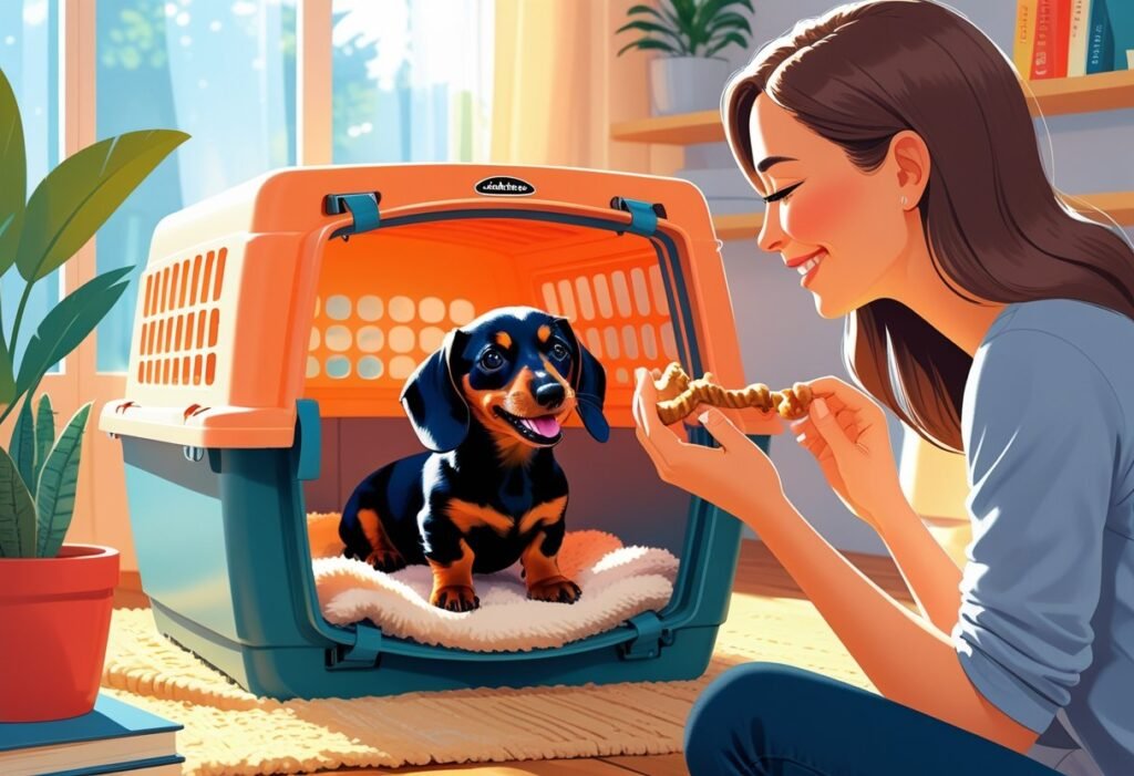 A small Dachshund puppy happily sitting inside an open crate while a person offers it a treat in a cozy living room.