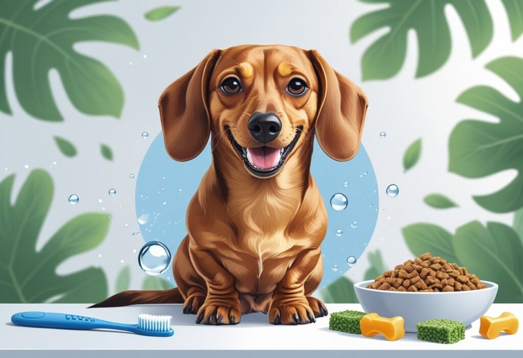 A happy dachshund dog with clean, healthy teeth surrounded by dental care items and nutritious dog food.